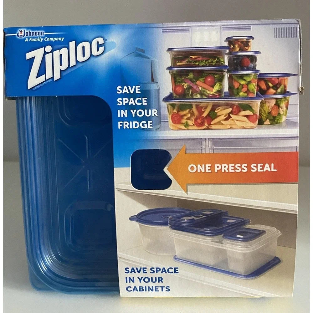 TWO Packs Ziploc Container Small Square 4Ct,  Clear Blue Stackable Storage = 8
